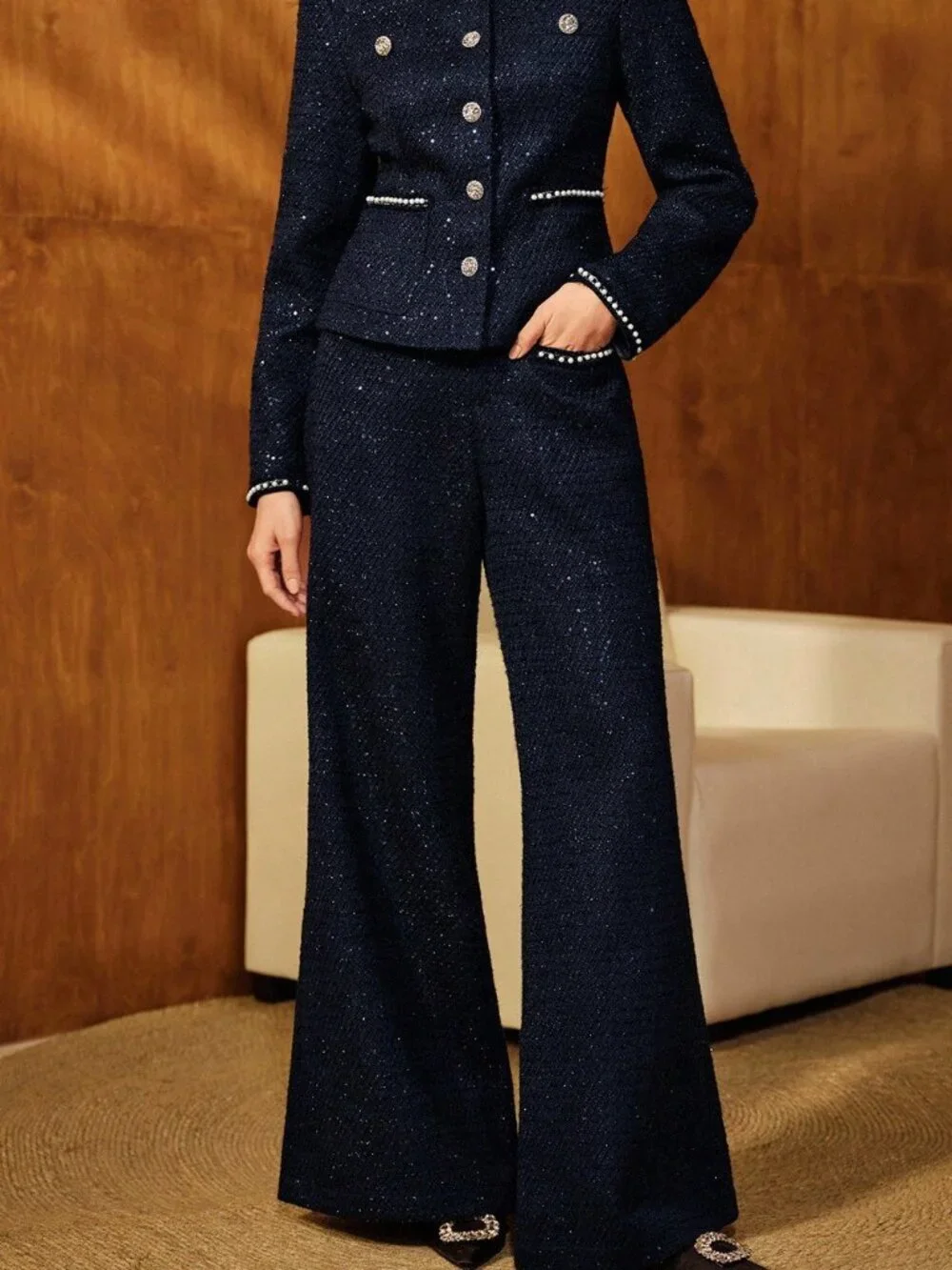 Navy Blue Elegant Tweed Flared Pants